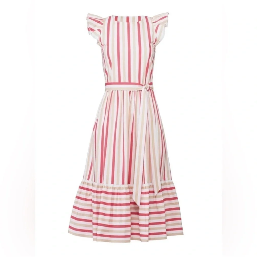 ▶️ Kate Spade ◀️ Pink Striped Poplin Ruffle Midi Dress Women's 14